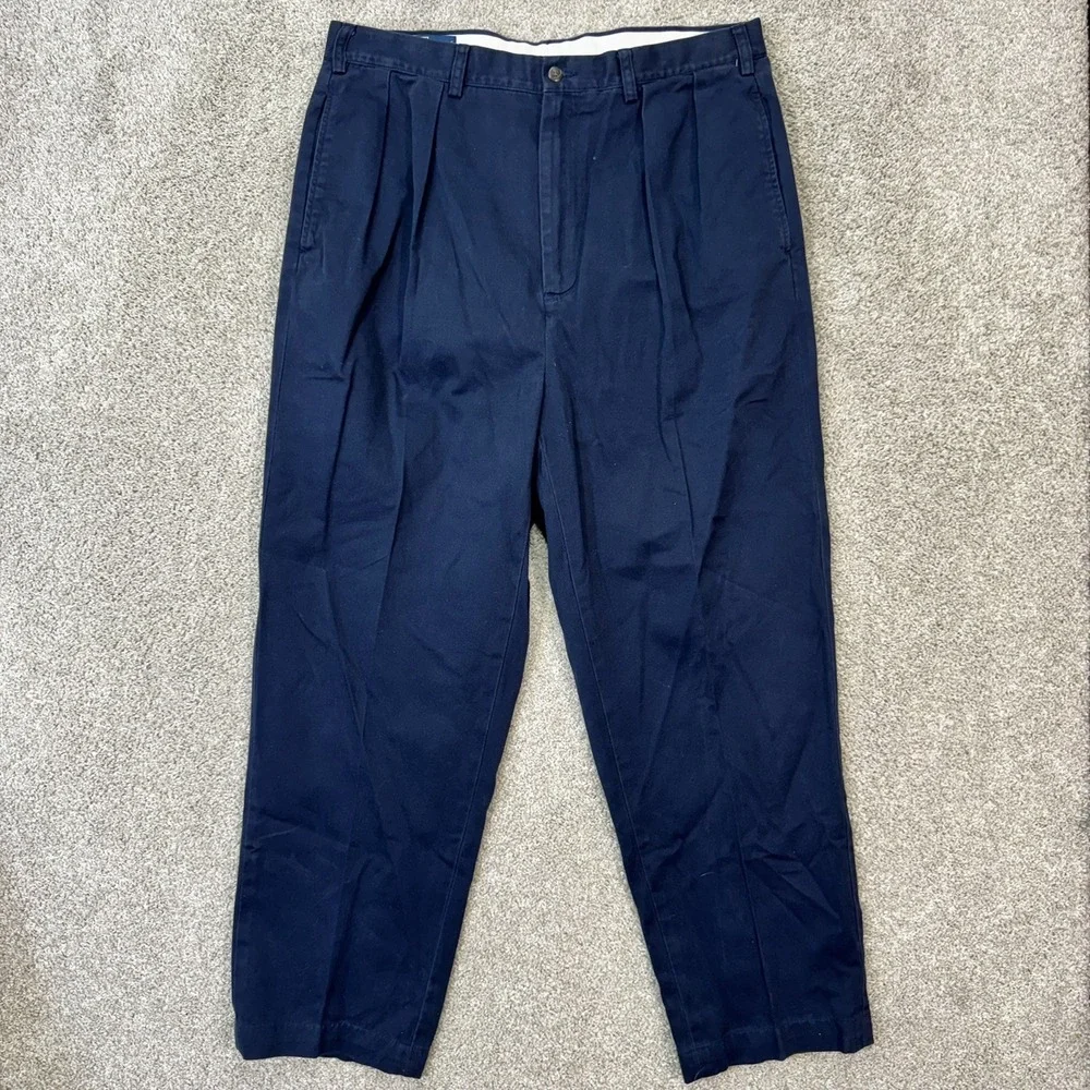 Polo Ralph Lauren Andrew Pant Men 38x36 Navy Blue Pleated Cotton Chino Trousers